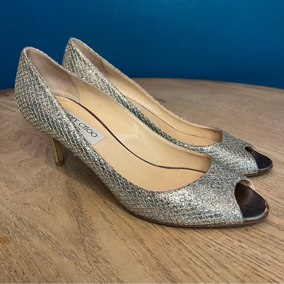 Jimmy Choo Isabel Peep Toe Mid Heel Pumps Sparkle Glitter Size 39.5 Women’s 9.5 - Picture 1 of 11